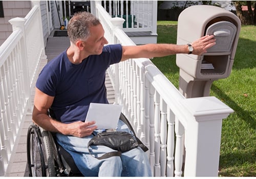 A man in a wheelchair using a ramp to reach his mailbox | Mobility Blog